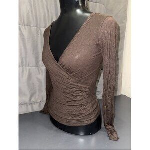 H&M Womens XS Cross Front Long Sleeve Wrap Blouse Stretch V-Neck Brown Top